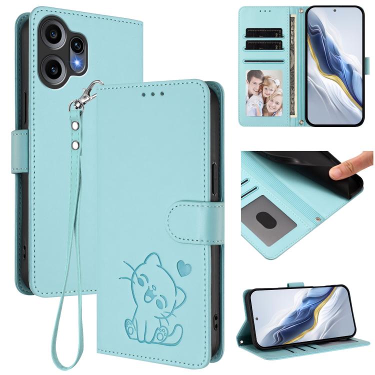 Mint green leather phone case with hand strap, embossed cat design and folio cover.