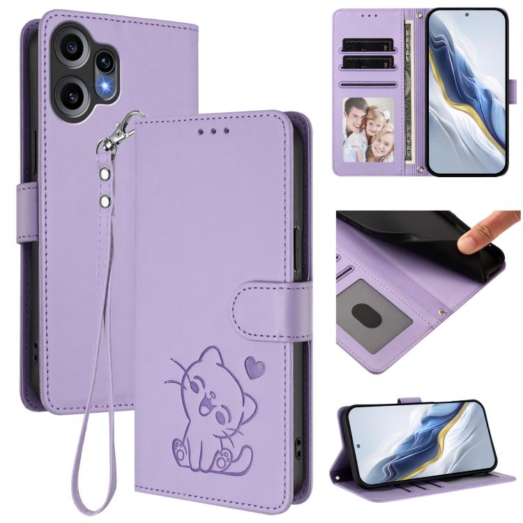 Light purple leather phone case with hand strap, embossed cat design and folio cover.