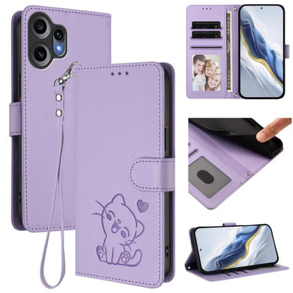 Light purple leather phone case with hand strap, embossed cat design and folio cover.