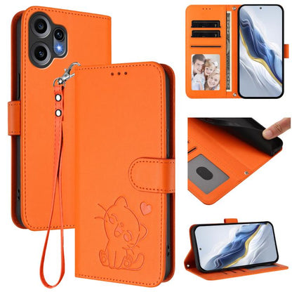 Embossed cat leather phone case with hand strap, card slots, orange finish