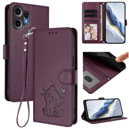 Embossed cat leather phone case with hand strap, card slots, dark purple finish