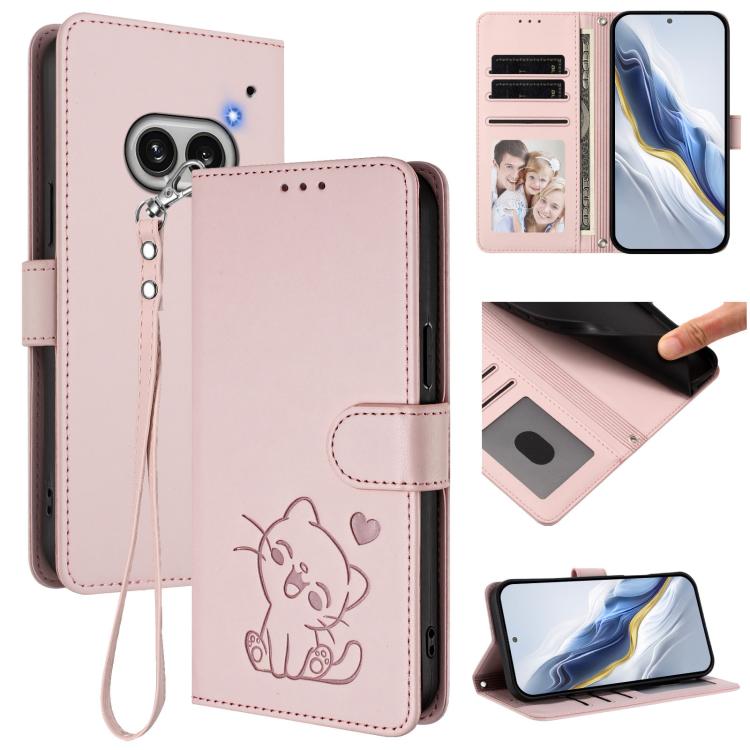 Pink leather phone case with hand strap, embossed cat with hearts, card holder