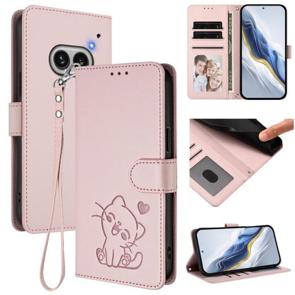 Pink leather phone case with hand strap, embossed cat with hearts, card holder