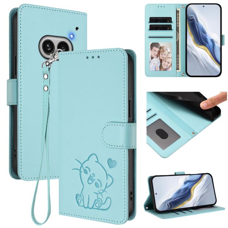 Light teal leather phone case with hand strap, embossed cat with hearts, card holder