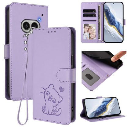Light purple leather phone case with hand strap, embossed cat with hearts, card holder