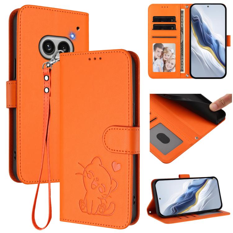 Orange leather flip phone case with embossed heart cat, wrist strap, card slots.