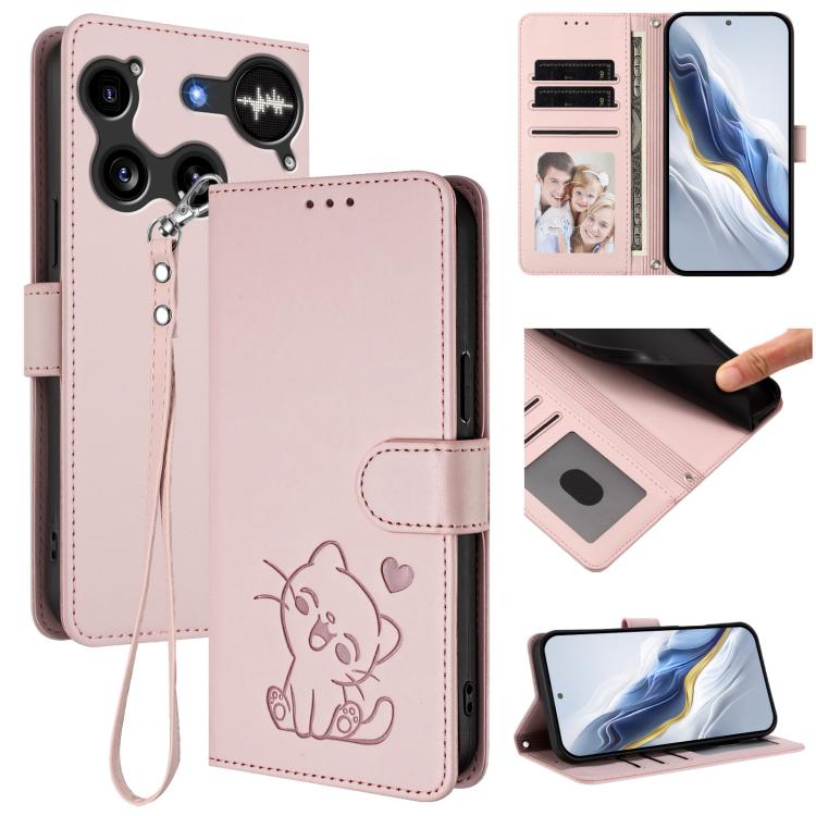 Embossed cat leather phone case with hand strap, wallet card slots, light pink