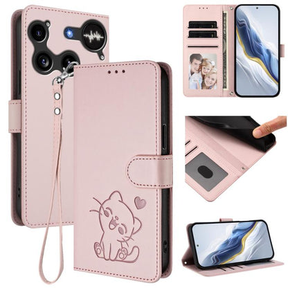 Embossed cat leather phone case with hand strap, wallet card slots, light pink