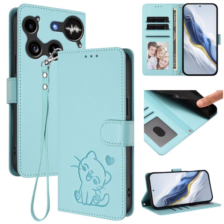 Embossed cat leather phone case with hand strap, wallet card slots, light blue