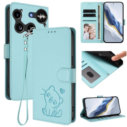 Embossed cat leather phone case with hand strap, wallet card slots, light blue