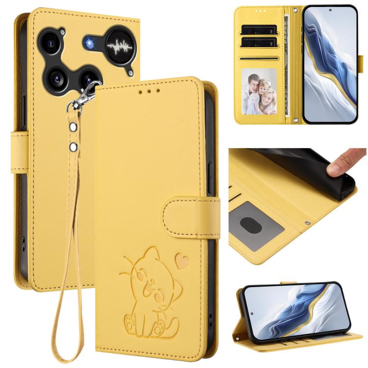 Yellow leather phone case with hand strap, embossed cat design and folio cover.