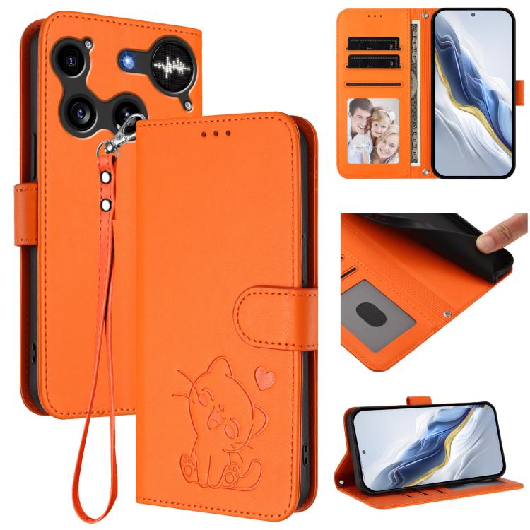 Orange leather phone case with hand strap, embossed cat design and folio cover.