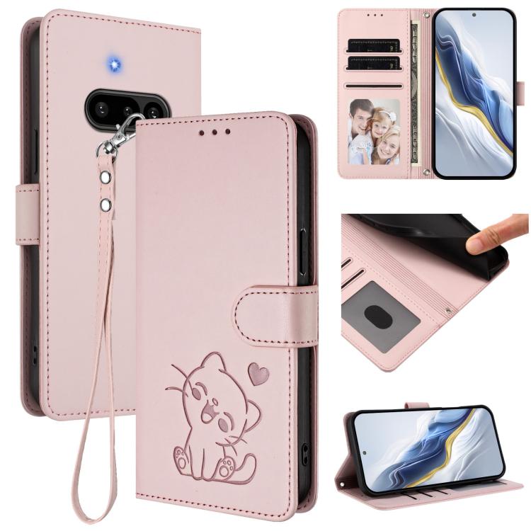 Embossed cat leather phone case with hand strap, card slots, blush pink finish