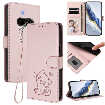 Embossed cat leather phone case with hand strap, card slots, blush pink finish