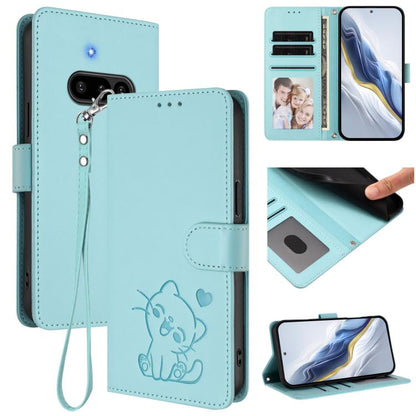 Embossed cat leather phone case with hand strap, card slots, light teal finish