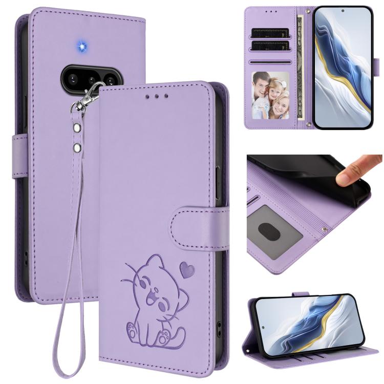 Embossed cat leather phone case with hand strap, card slots, light purple finish