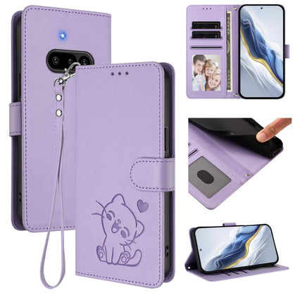 Embossed cat leather phone case with hand strap, card slots, light purple finish