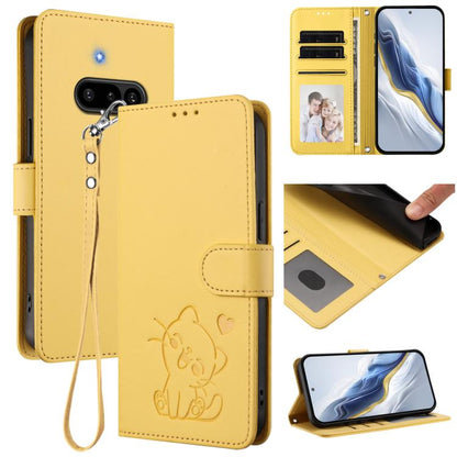 Yellow embossed heart cat leather phone case with hand strap and card slot cover