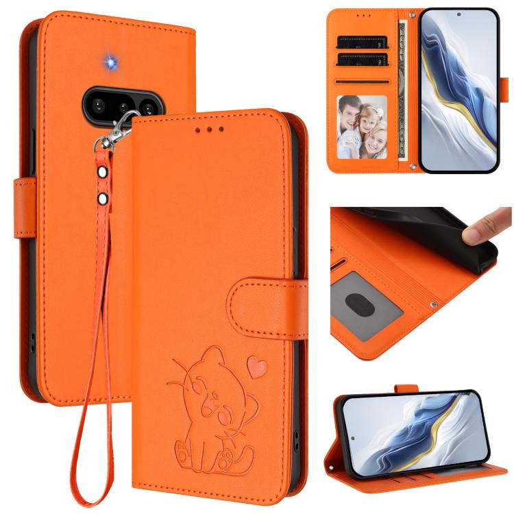 Orange embossed heart cat leather phone case with hand strap and card slot cover