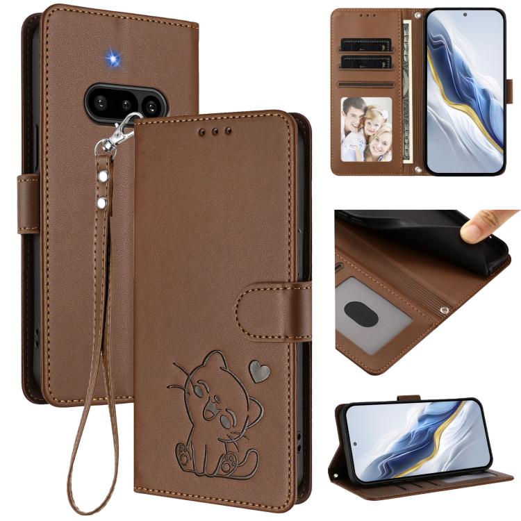 Brown embossed heart cat leather phone case with hand strap and card slot cover