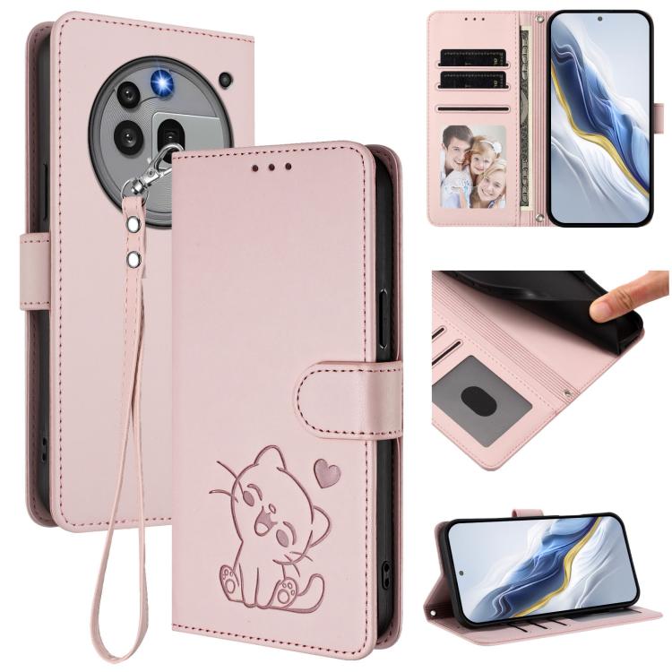 Pink embossed heart cat leather phone case with hand strap and card slot cover