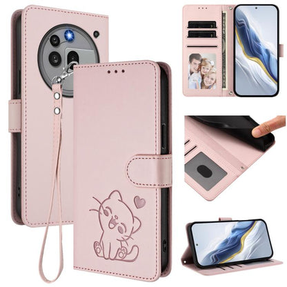 Pink embossed heart cat leather phone case with hand strap and card slot cover