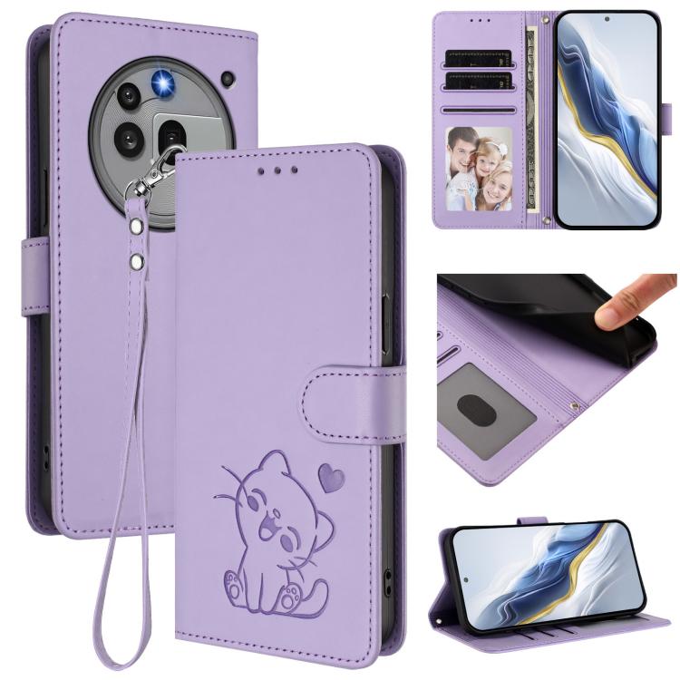 Lavender embossed heart cat leather phone case with hand strap and card slot cover