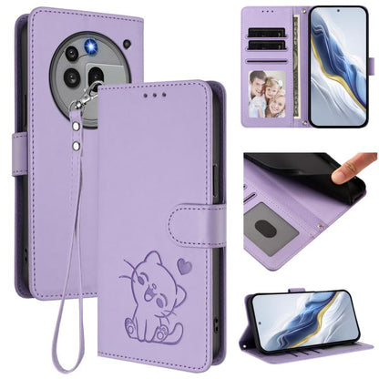 Lavender embossed heart cat leather phone case with hand strap and card slot cover