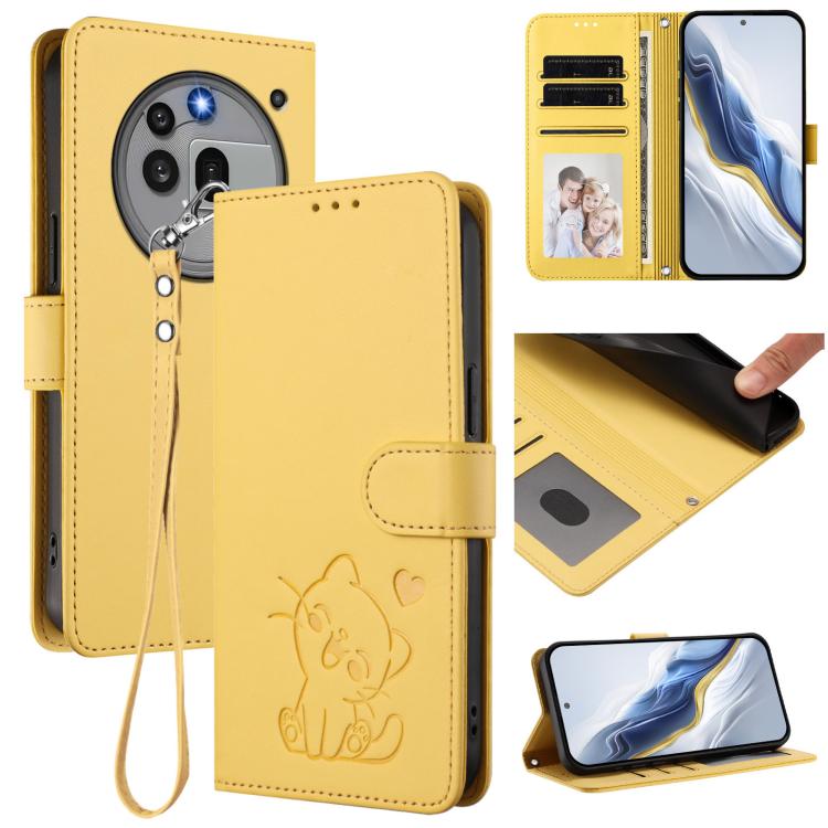 Yellow faux leather phone case with embossed cat, hand wrist strap, and card slots