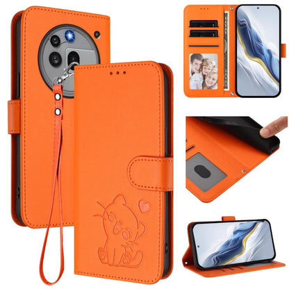 Orange faux leather phone case with embossed cat, hand wrist strap, and card slots