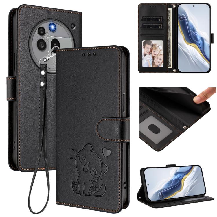 Black faux leather phone case with embossed cat, hand wrist strap, and card slots