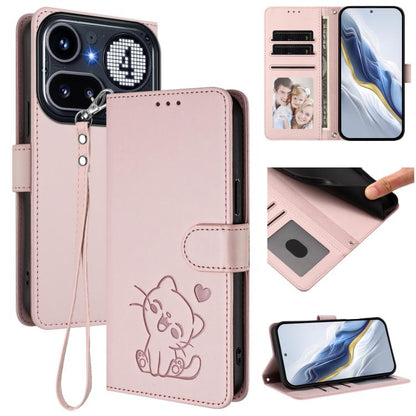 Pink leather-style phone case with embossed cat heart design and hand wrist strap.