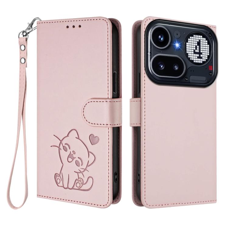 Pink flip leather-style phone case with embossed cat heart design and wrist strap.