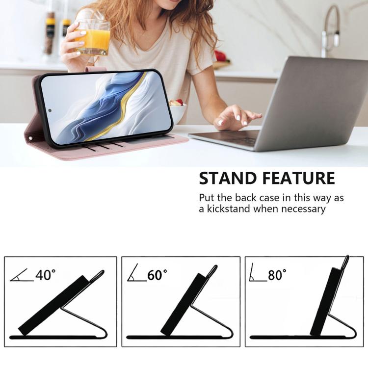 Pink leather-style phone case on a stand, showing a front kickstand viewing angle.
