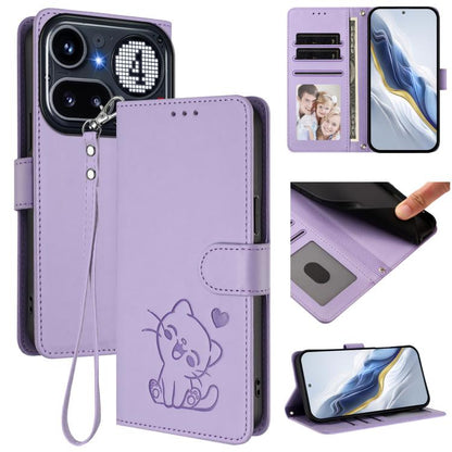 Light purple leather-style flip phone case with embossed cat heart design and wrist strap.
