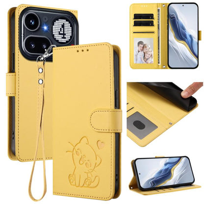 Yellow leather phone case with embossed heart cat and hand strap, front card holder.