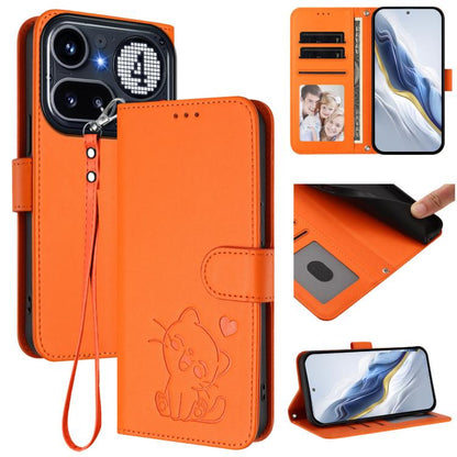 Orange leather phone case with embossed heart cat and hand strap, front card holder.
