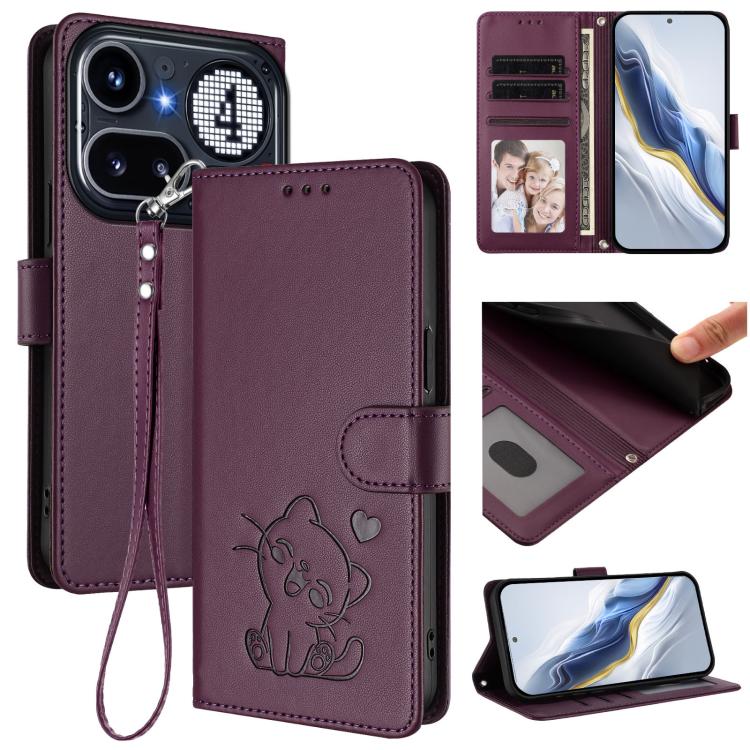 Purple leather phone case with embossed heart cat and hand strap, front card holder.