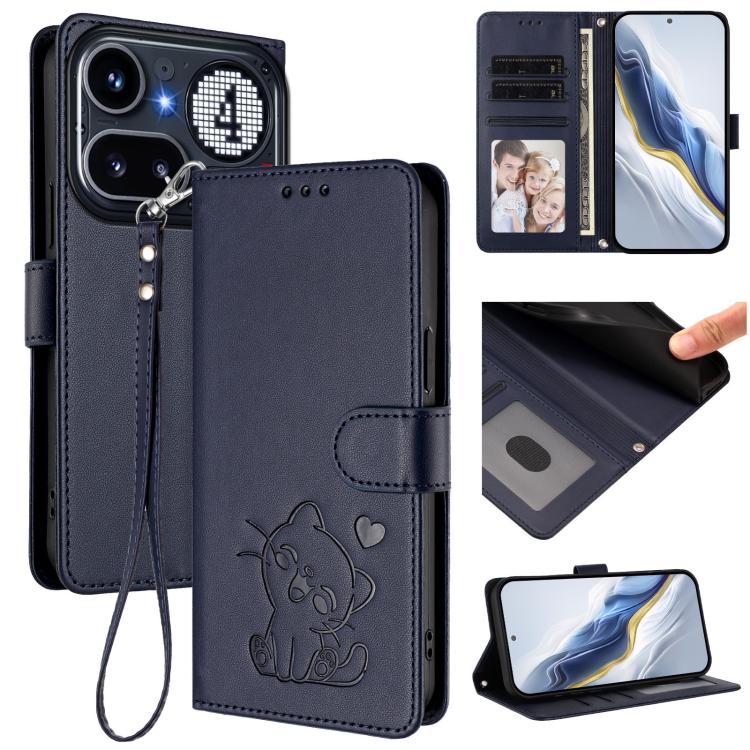 Black leather phone case with embossed heart cat and hand strap, front card holder.