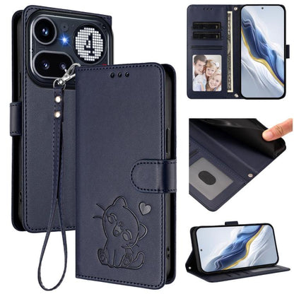 Black leather phone case with embossed heart cat and hand strap, front card holder.