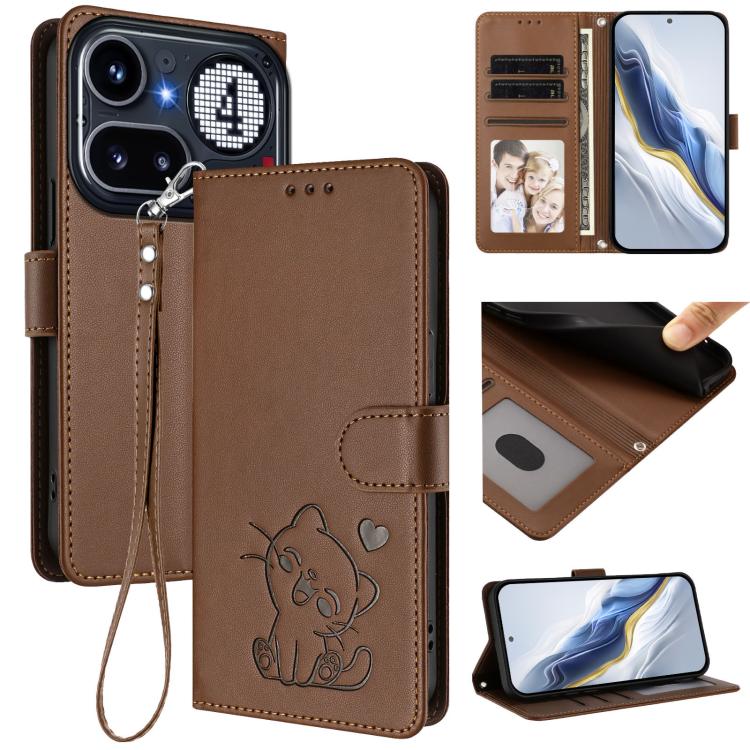 Brown leather phone case with embossed heart cat and hand strap, front card holder.