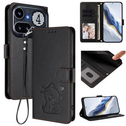 Dark charcoal leather phone case with embossed heart cat and hand strap, front card holder.