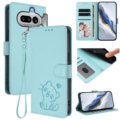 Light blue leather phone case with embossed heart cat and hand strap, front card holder.