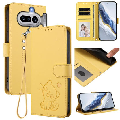 Embossed cat leather phone case with hand strap, wristlet, wallet card slots, yellow
