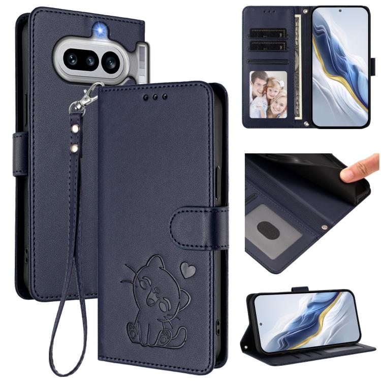 Embossed cat leather phone case with hand strap, wallet card slots, dark blue