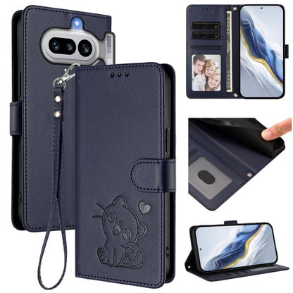 Embossed cat leather phone case with hand strap, wallet card slots, dark blue