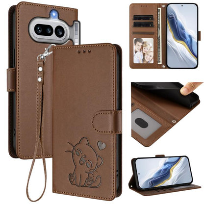 Embossed cat leather phone case with hand strap, wallet card slots, brown