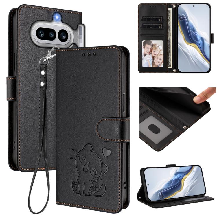 Embossed cat leather phone case with hand strap, wallet card slots, black