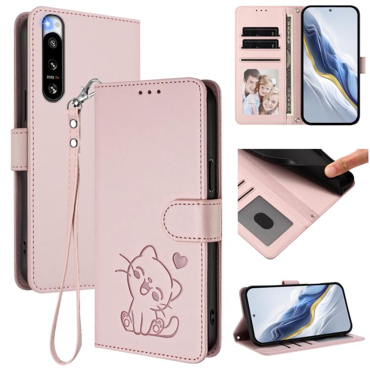 Embossed Heart Cat Leather Phone Case with Hand Strap, For Sony Xperia 5 IV, For Sony Xperia 10 IV