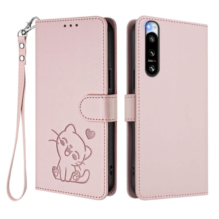 Embossed Heart Cat Leather Phone Case with Hand Strap, For Sony Xperia 5 IV, For Sony Xperia 10 IV